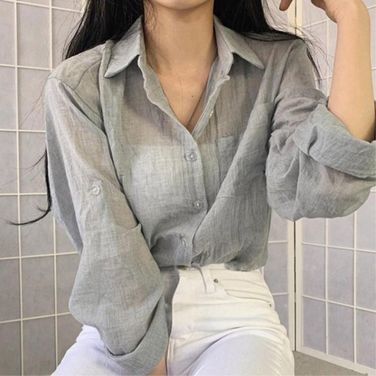 커플티셔츠 긴팔셔츠 출근룩 여름 얇은 코디하기쉬운 여성용 스타일리시한