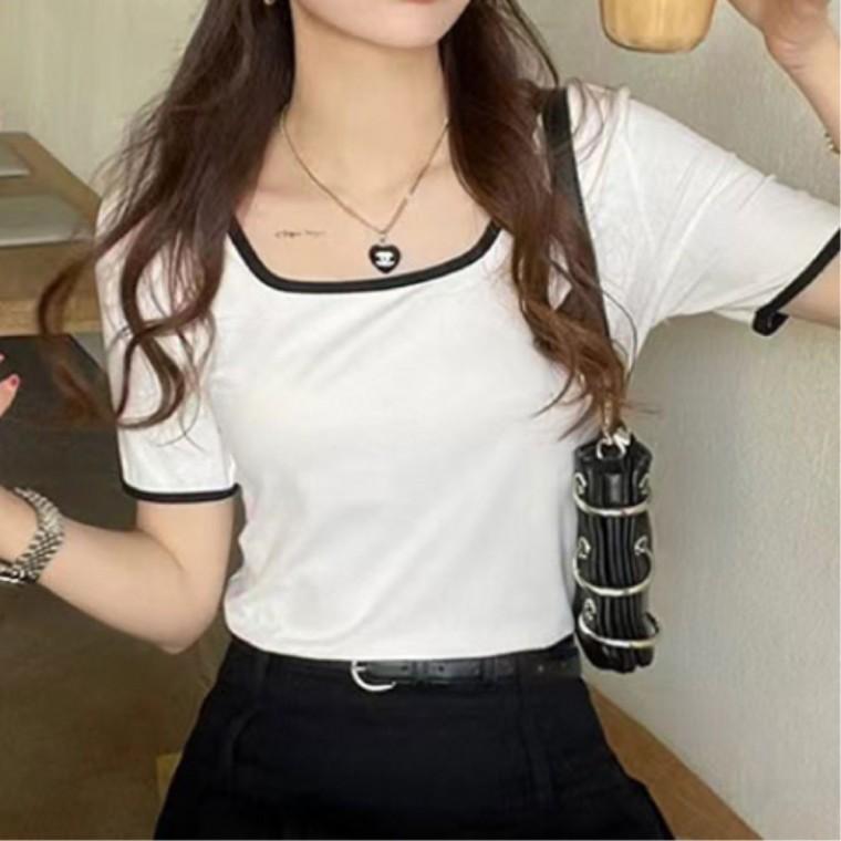 여름반팔 기본티 골지 20대여성 일상룩 30대여성 여성반팔 스퀘어넥 슬림핏