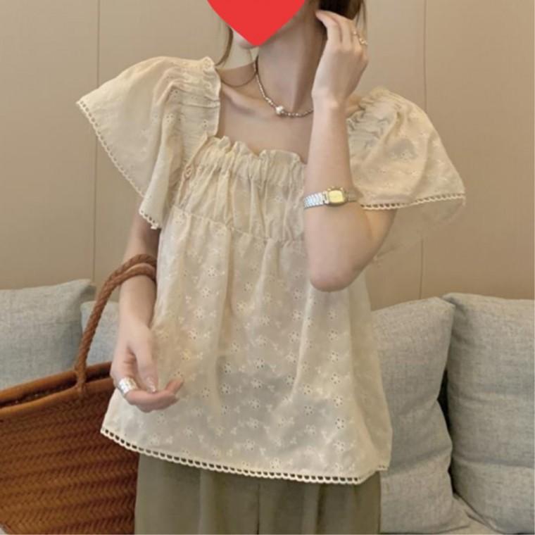 고급스러운블라우스 여성스러운룩 레이스 스퀘어넥 출근룩 펀칭블라우스