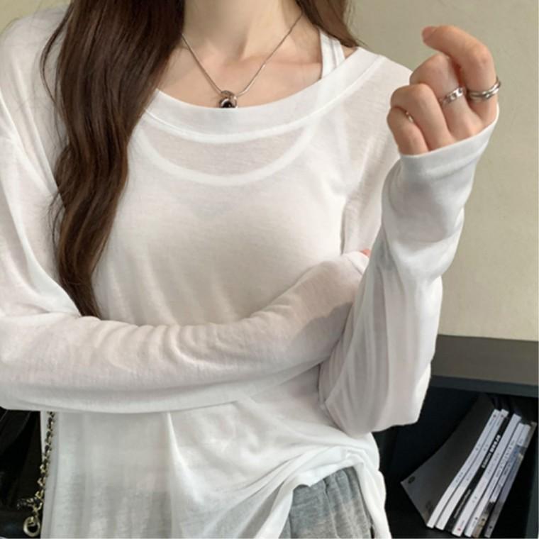 레이어드 루즈핏 슬리브리스 긴팔티 일상룩 여성긴팔티 간절기티셔츠