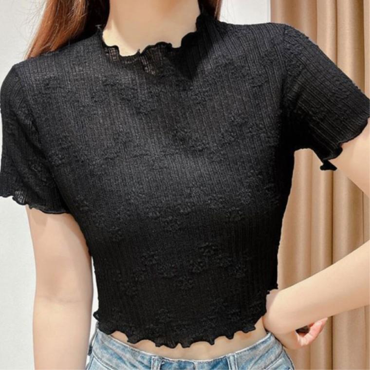 여성반팔티 프릴 세련된느낌 일상룩 여름 시스루 이너티 크롭 반팔티셔츠