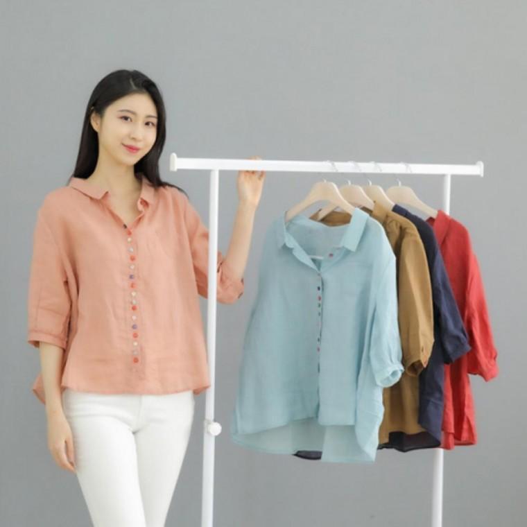여성린넨블라우스 오버핏 7부 여름 여자 반팔 티셔츠 브라우스 여름옷 할머니옷 선물