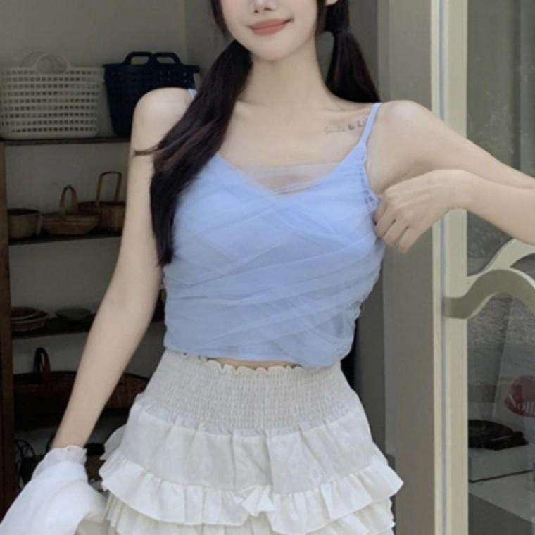 쉬폰 브이넥 세미크롭 끈나시 이너 쉬폰 민소매