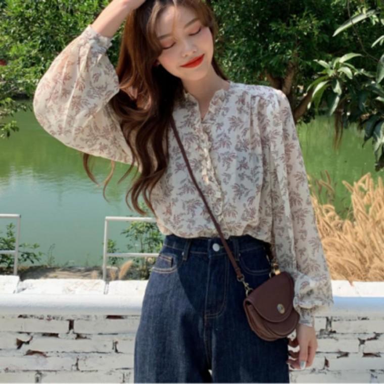 레이스 포인트 플라워 블라우스 프릴 쉬폰 블라우스