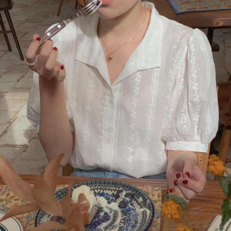 퍼프소매 시스루 블라우스 반팔블라우스 프릴블라우스