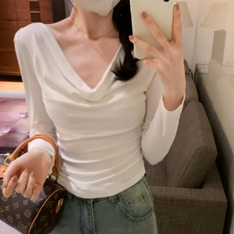 슬림핏 오프숄더 긴팔 티셔츠 립라인 입술티셔츠
