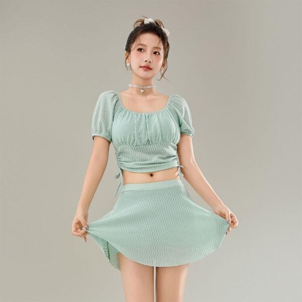 은창]넥라인 셔링 퍼프 사이드 스트링 2피스 비키니 수영복 원피스 몸매보정 치마 세트 비키니 바지 여름