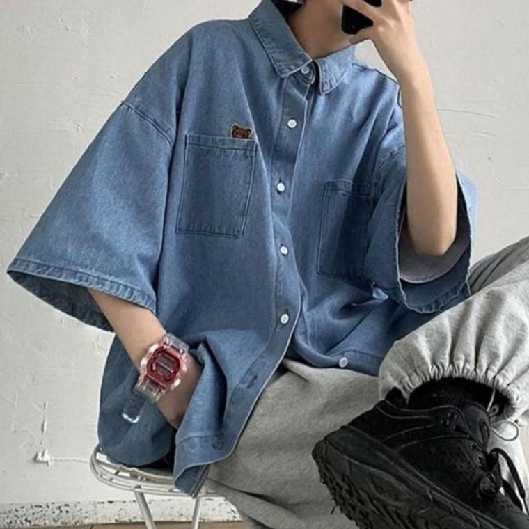 남방 데님 여성 귀여운 포켓 캐릭터 캐주얼 셔츠 곰돌이