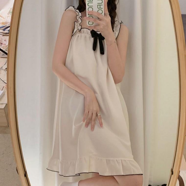 여성 여름 프릴 리본 원피스 홈웨어 파자마 잠옷