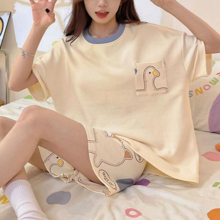 여성 러블리 오리 반팔 잠옷 홈웨어 파자마 세트