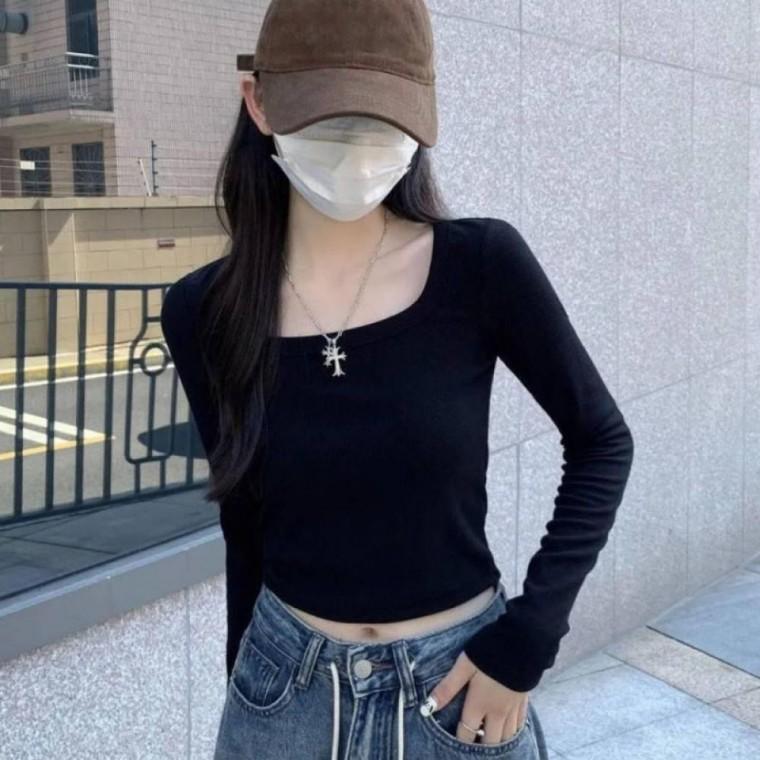HL] 티셔츠 여성 스퀘어넥 긴팔 베이직 페미닌