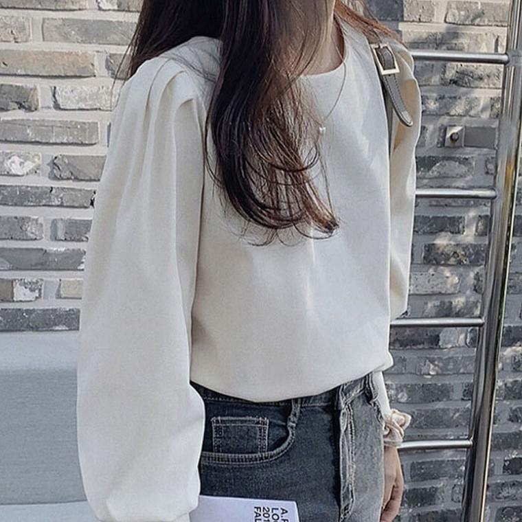 여자 캐주얼룩 무지 핀턱 셔링 긴팔 블라우스