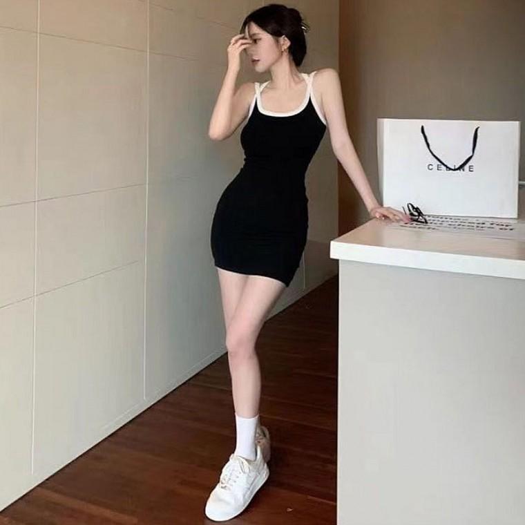 여성 슬림 배색 크로스 민소매 미니원피스