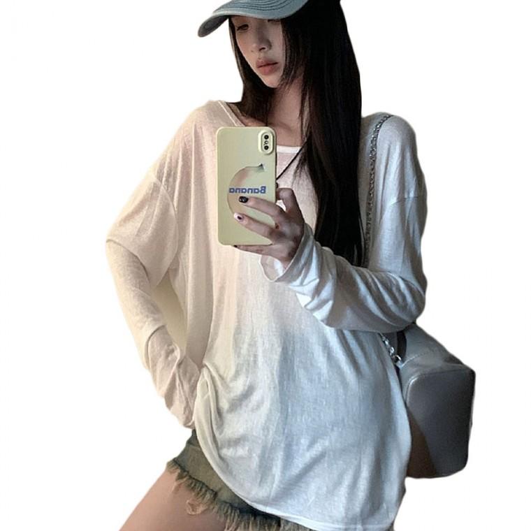 여성 유넥 루즈핏 시스루 긴팔티 티셔츠