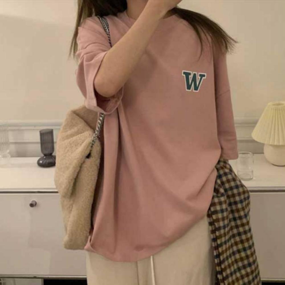 여성 여름 순면 오버핏 레터링 반팔 티셔츠 캐주얼 루즈핏 박스티 대학생 등교룩 캠퍼스룩 홈웨어 운동용