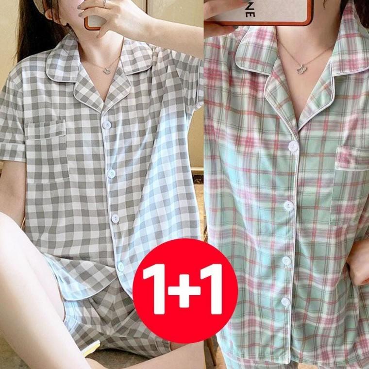 여름잠옷 여름 반팔 바지 잠옷 세트 2개 체크 민트 그레이 예쁜 여자 체크 잠옷 반바지 여성 반팔 세트
