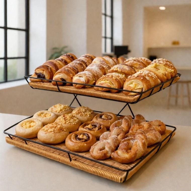 2단 사각 철재 라탄트레이 대세트 접이식 스탠드진열대 베이커리 쿠기 빵 매장