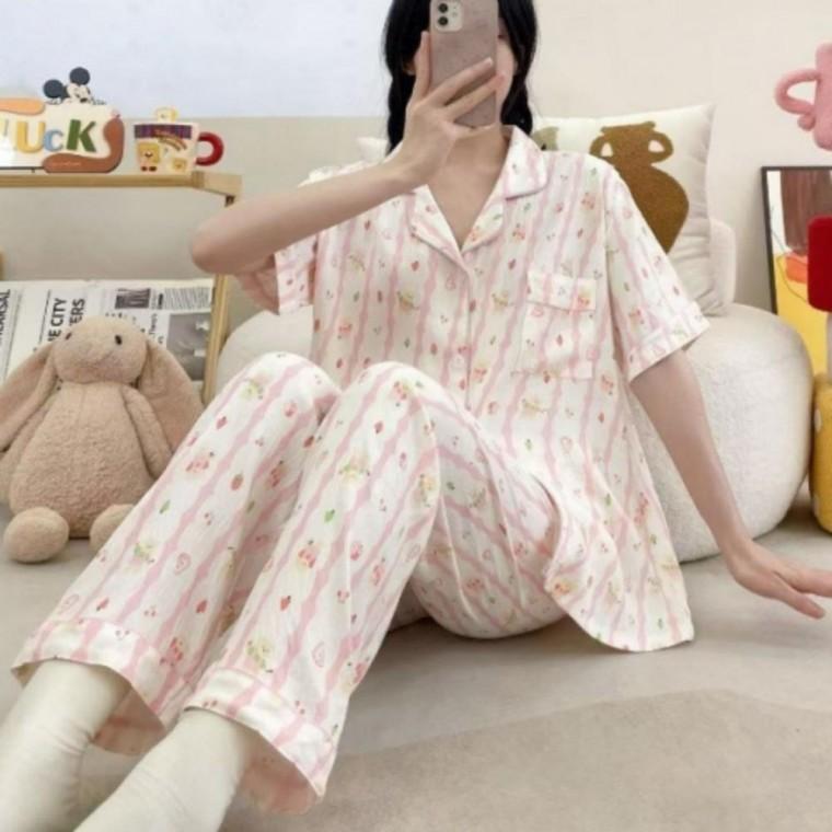 여성 긴바지 파자마 세트 반팔 홈웨어 여름용 잠옷 세트 밴딩 바지 잠옷
