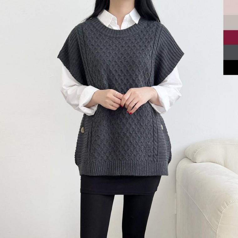 2LABB 1010 여자루즈핏버튼니트조끼 가을 조끼 겨울 여성의류 울 스웨터 라운드 베스트 남성 니트 넥 무지