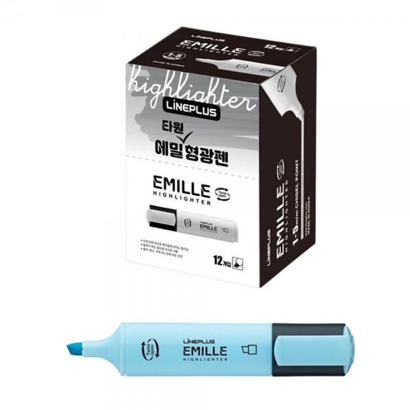 라인플러스 형광펜 에밀 타원 하이라이트펜 (12개입) 1다스 (마일드 블루) 필기도구 학용품