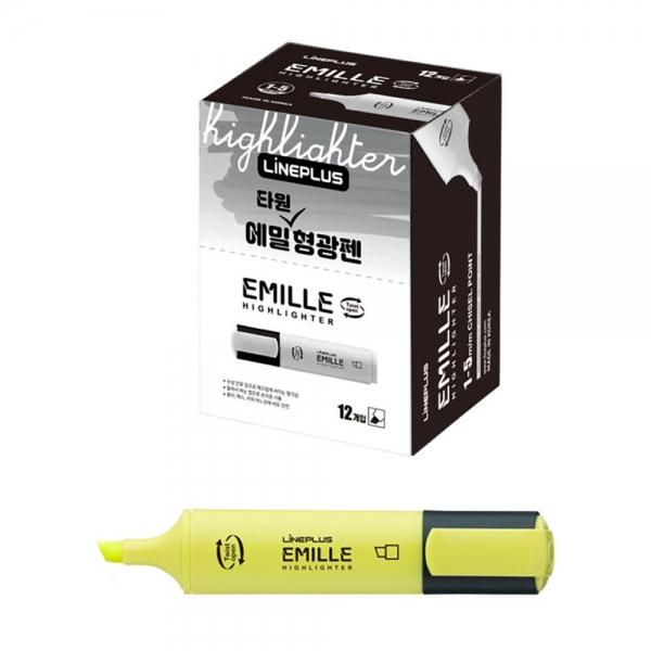 라인플러스 형광펜 에밀 타원 하이라이트펜 (12개입) 1다스 (마일드 옐로우) 필기도구 학용품