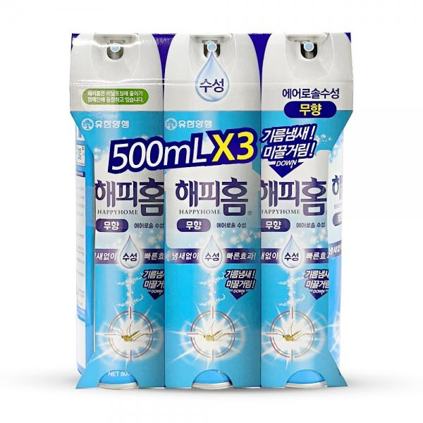 유한양행 해피홈 에어로솔 모기 파리 살충제 퇴치제 수성 무향 500ml 3개입