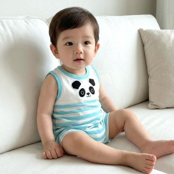 스트라이프 판다 민소매 롬퍼