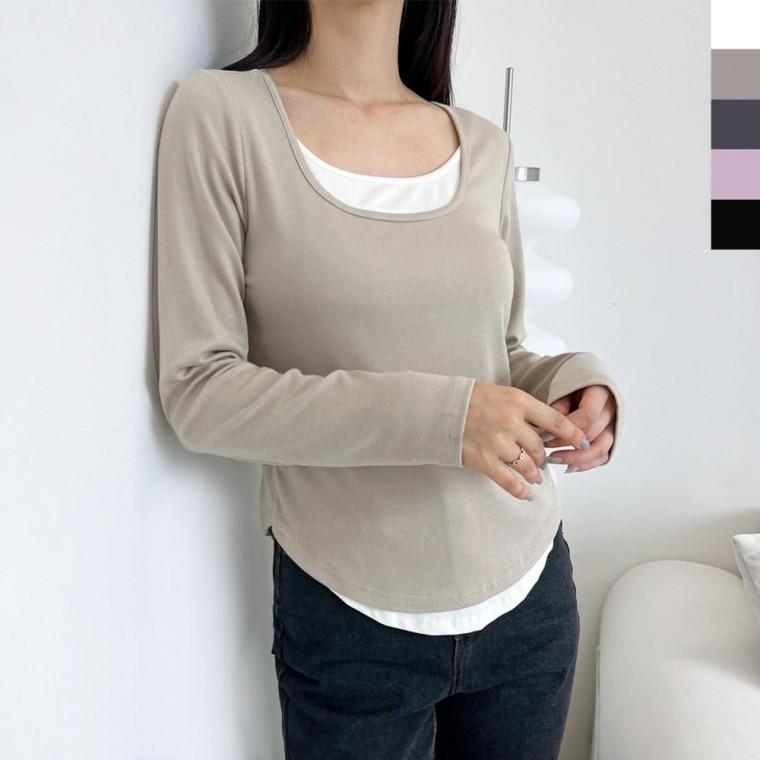 GSS ET603 여자 배색 레이어드 스퀘어넥긴팔티셔츠 베이직 S 라운드 루즈핏 XL 티 티셔츠 오버핏 나시 니트