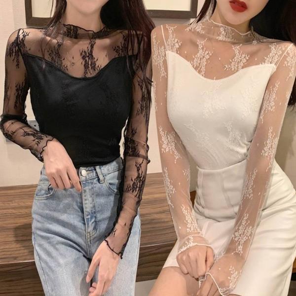 여성 그물티 목폴라 물결 이너 반목 망사타티셔츠 레이어드