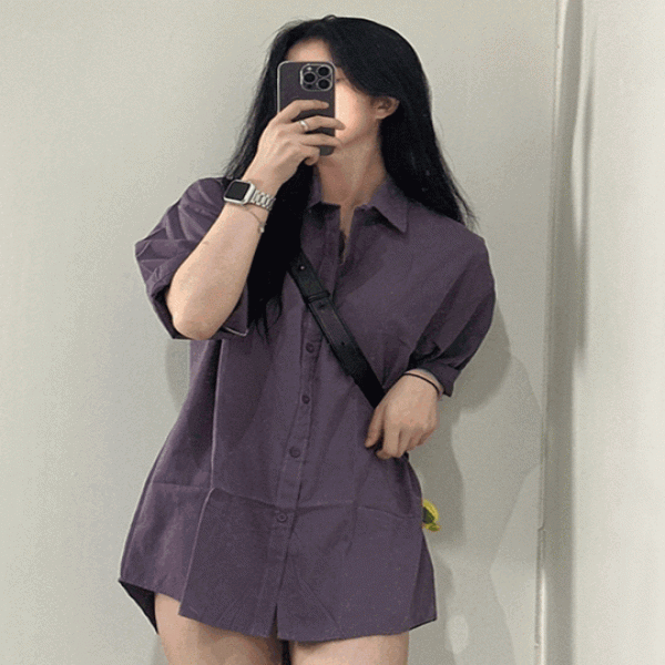 오버핏 카라 반팔 무지 남방 셔츠 2color 남녀공용 와이셔츠 원피스 여성 루즈핏 여름 소라 퍼플 미니