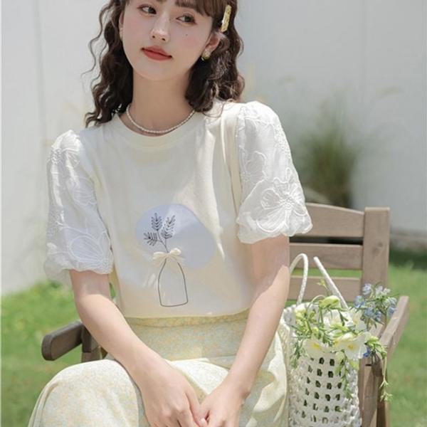 플라워 자수 퍼프소매 반팔 티셔츠 여리핏 러블리 블라우스(SS-237)