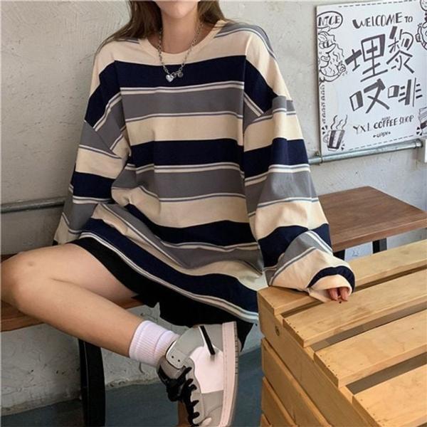 빈티지 단가라 스트라이프 오버핏 긴팔 티셔츠 루즈핏 맨투맨(SS-226)