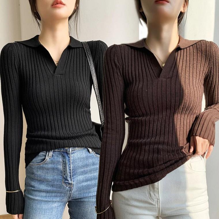 여성 골지 브이넥 카라 긴팔 티숙 URK204 라운드 브이넥 티숙 티숙 면티 S 여성 사이즈 긴팔 나시 라운드넥