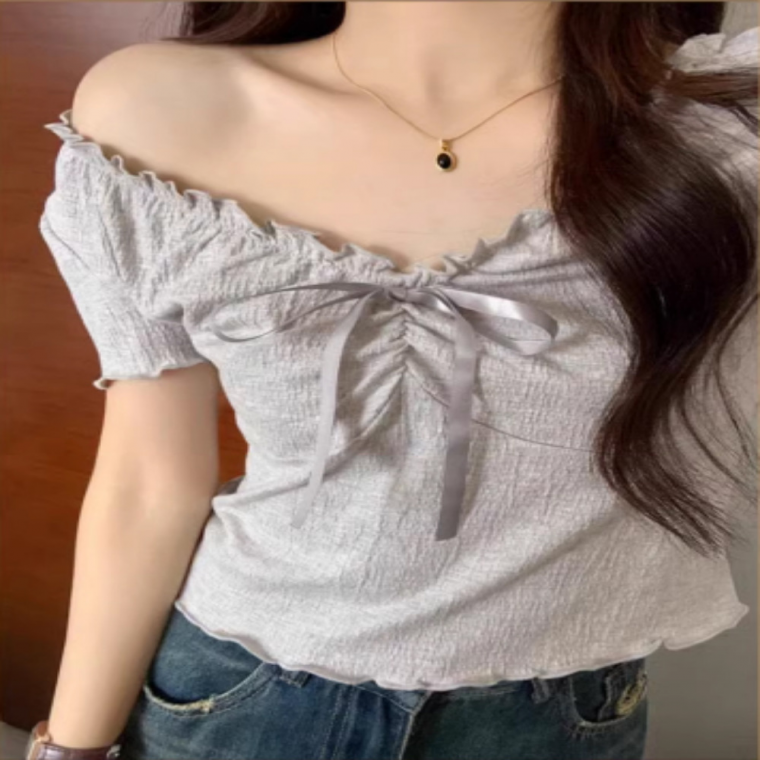 리본 포인트 셔링 세미 크롭 반팔 블라우스티 2color FR161861 스모크 프릴 퍼프소매 남방 벌룬 숙 화이트