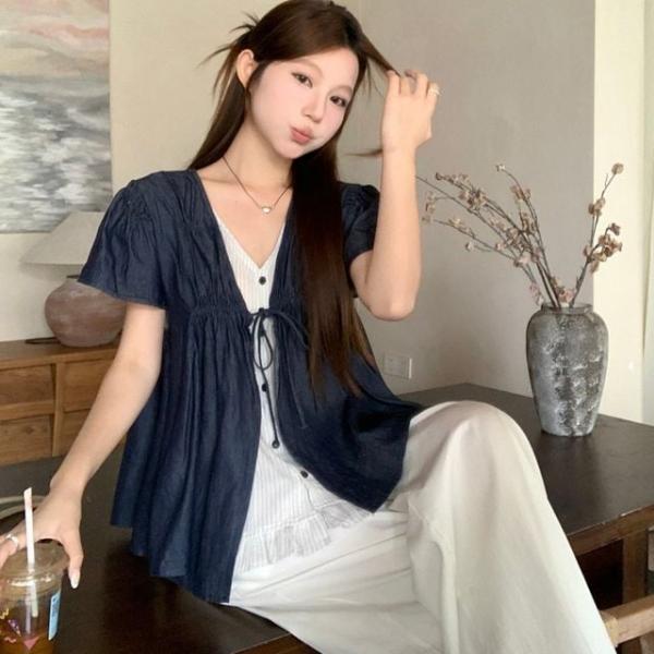 LL-1009732 밴딩 레이어드 데님 LL_T209 블라우스 프릴