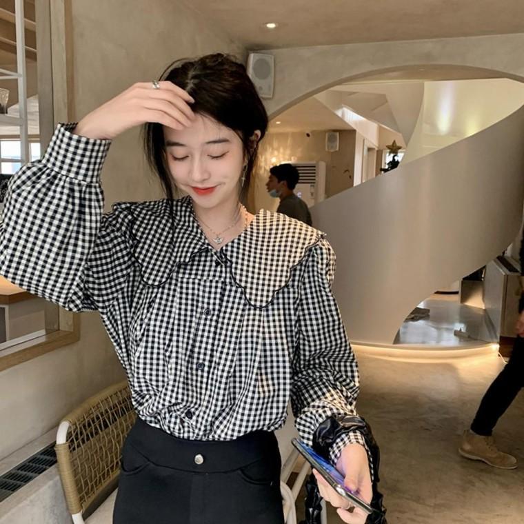 빅카라 패턴 루즈핏 블라우스 URD388 루즈핏 롱숙 원피스 숙 겨울 남방 남방 루즈핏 오버핏 여성 롱숙 신상