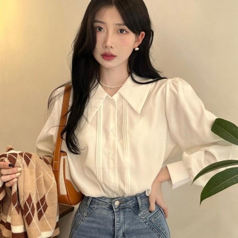 어깨 셔링 빅카라 블라우스 URD368 오프숄더 셔링 크롭 장식 퍼프 여성 블라우스 브이넥 여성 리본 숙 루즈