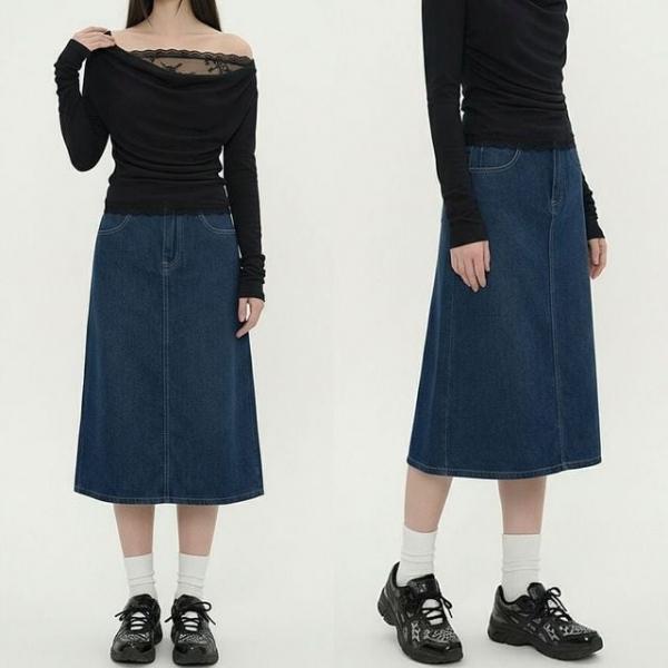 여성 A라인 진청 데님 롱스커트 캐주얼 청치마