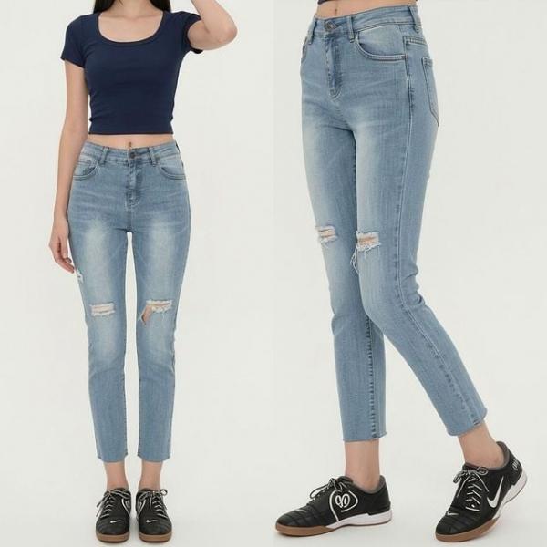 여성 크롭진 밑단커팅 찢청 스키니진 9부바지