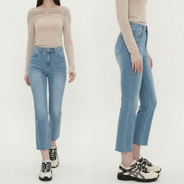 여성 크롭진 스키니진 연청 데님 밴딩 청바지