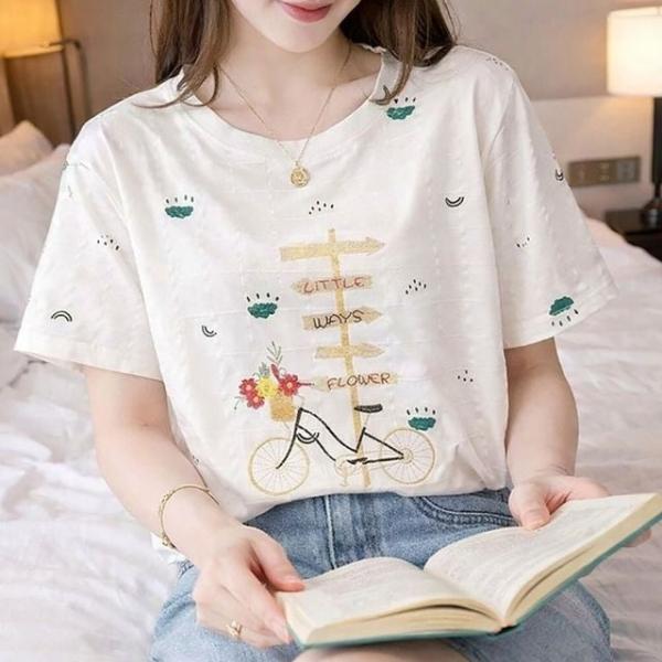 여성 자수 반팔티 여름 캐주얼 티셔츠