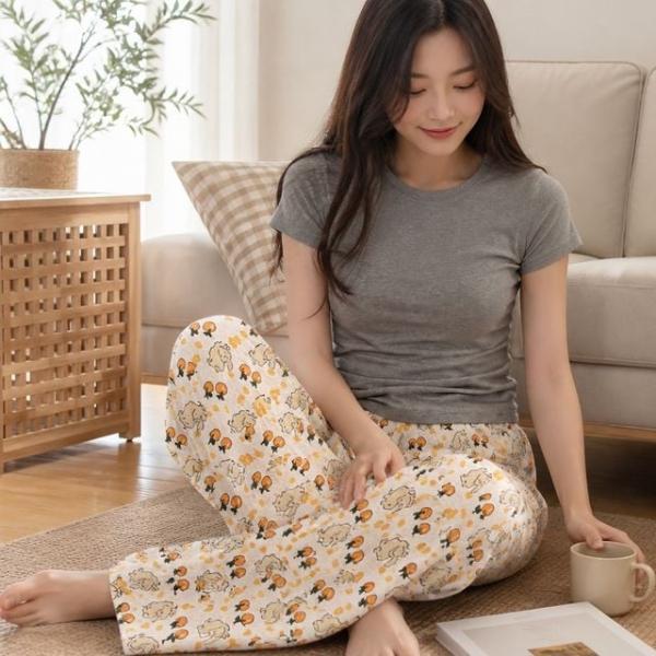 여성 루즈핏 와이드 팬츠 고무줄 실내복 파자마 홈웨어