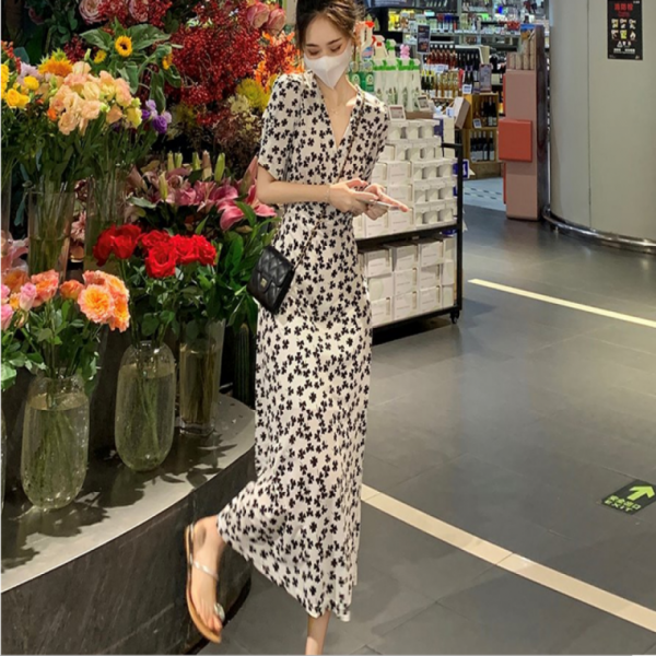 플라워원피스 크로바 브이넥 허리 조절끈 원피스 사무실 하객룩