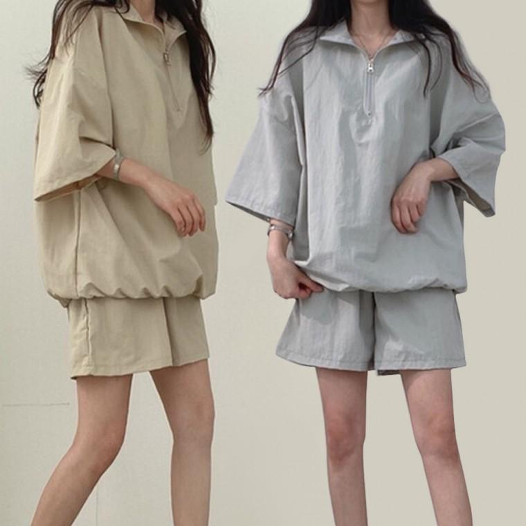 여성 반집업 반팔 데일리 반바지 아노락 세트
