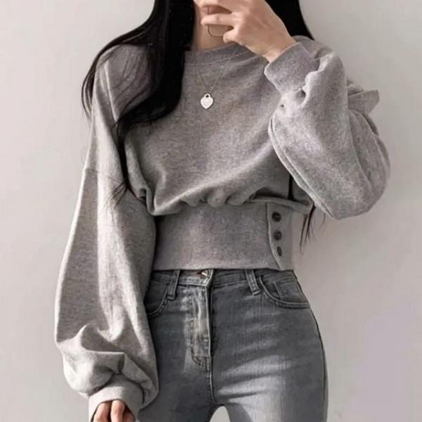 버튼 허리핏 크롭 맨투맨