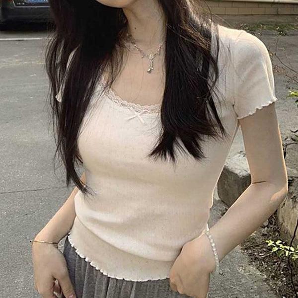 데일리 여리핏 스퀘어넥 레이스 반팔티 TDR-0089