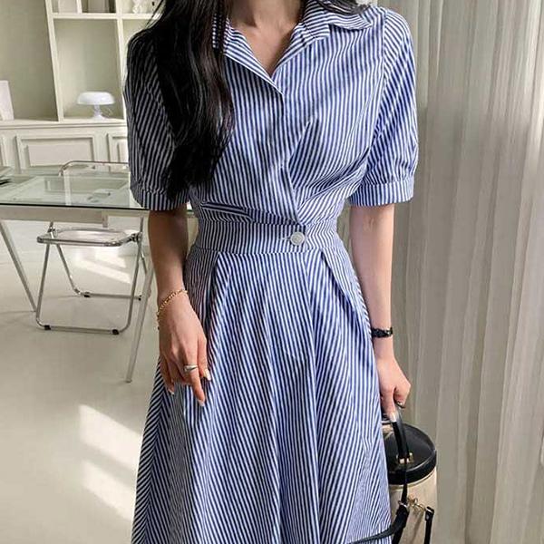 데일리 스트라이프 뒷밴딩 셔츠 원피스 TDN-0149