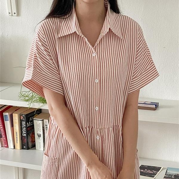 루즈핏 스트라이프 단추 반팔 원피스 TDN-0170