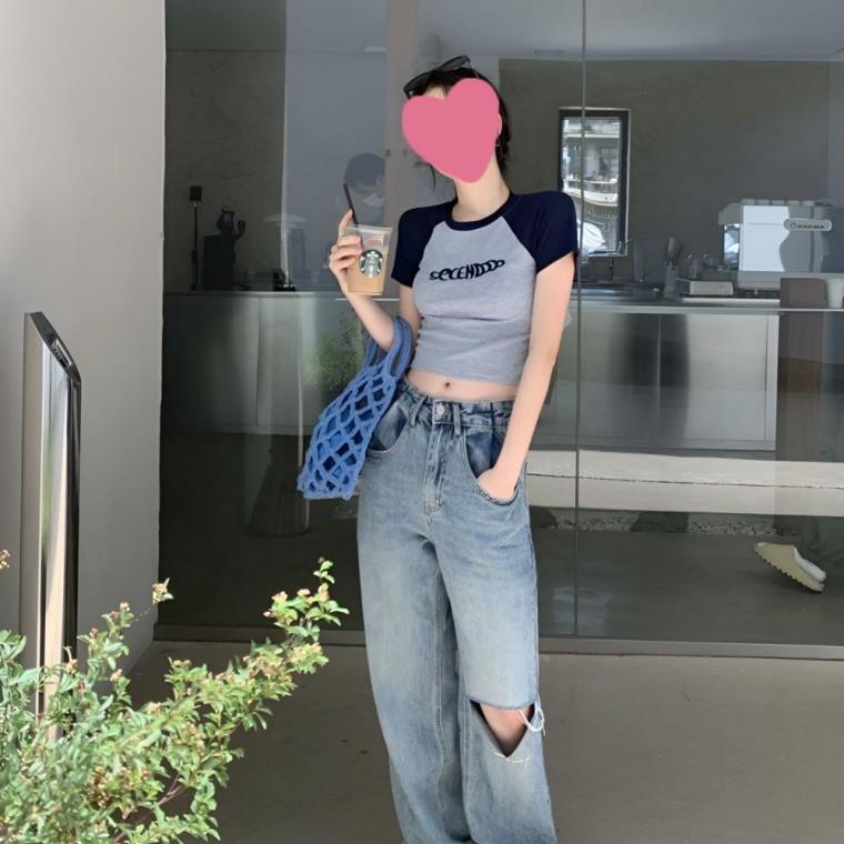 데일리 레터링 크롭 반팔 티숙 JSCM24070301 여름 프린트 면 나시 ylt 티숙 오버핏 여성 타이포긴팔t 캐릭