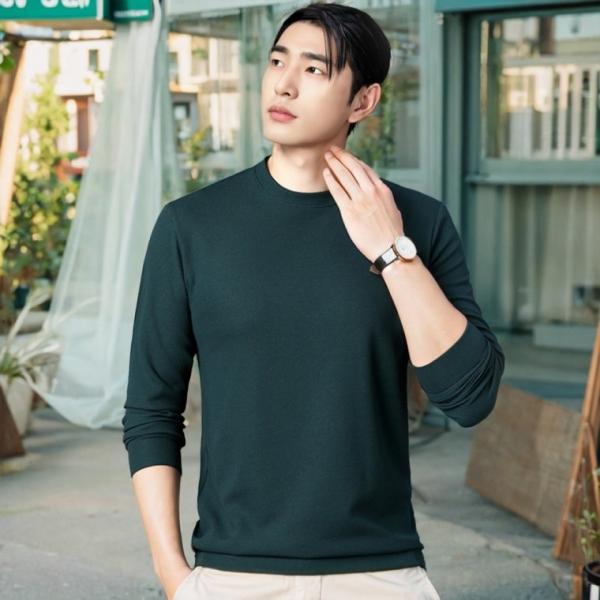 남자 봄 가을 긴팔티 라운드넥 무지 와플 긴팔 면 티셔츠 롱슬리브